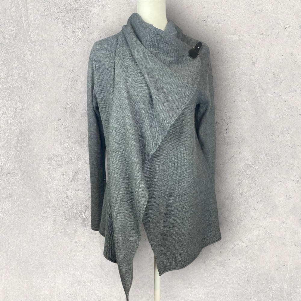 Tahari Cardigan Extra Fine Merino Wool Blend Gray‎ Wrap Sweater Lagenlook Small